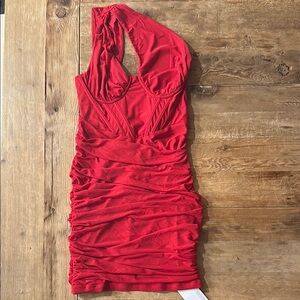 Red Ruched Halter Dress